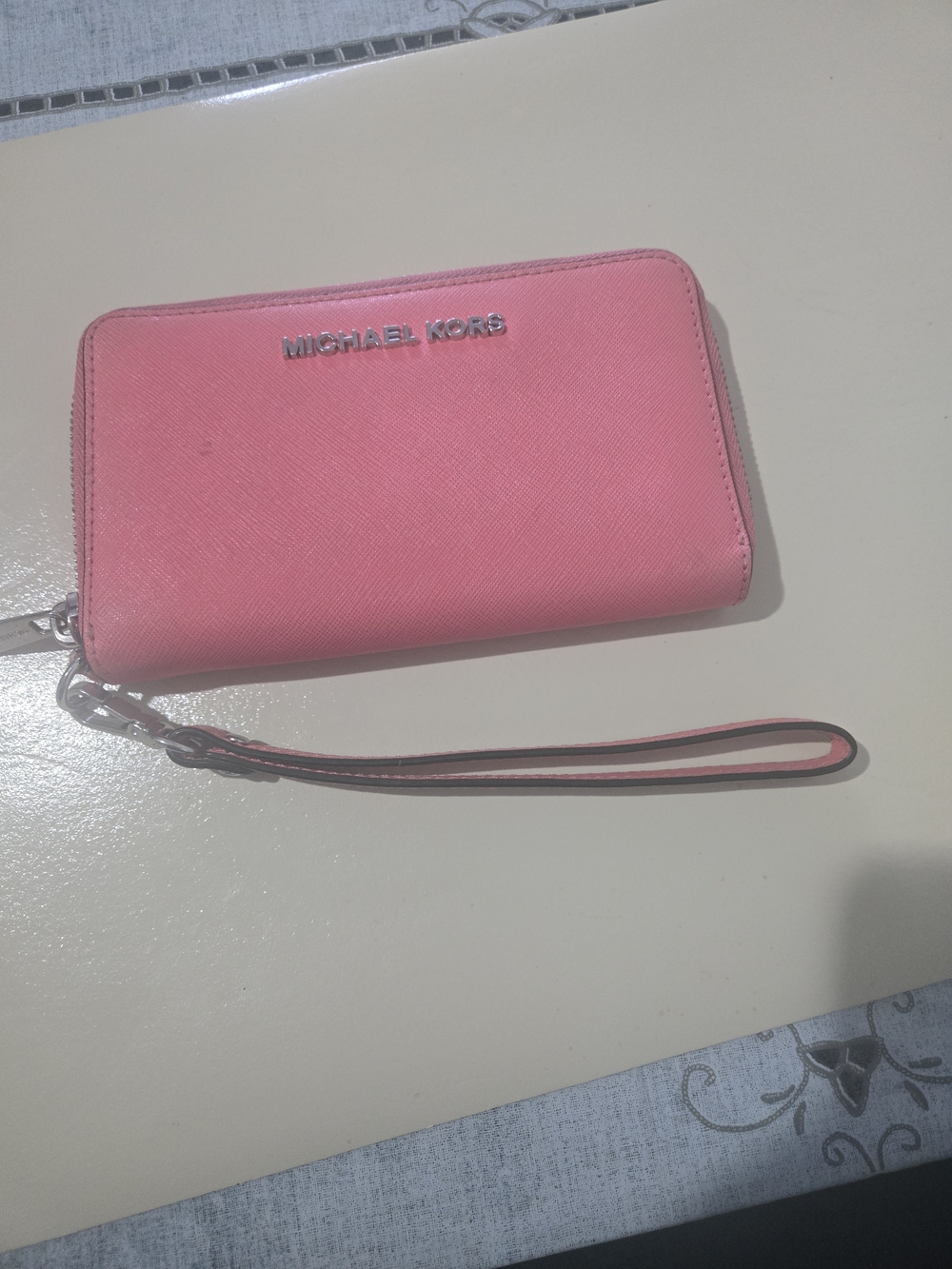 Michael Kors Coral Pink Zip Wristlet Wallet with Silver Logo